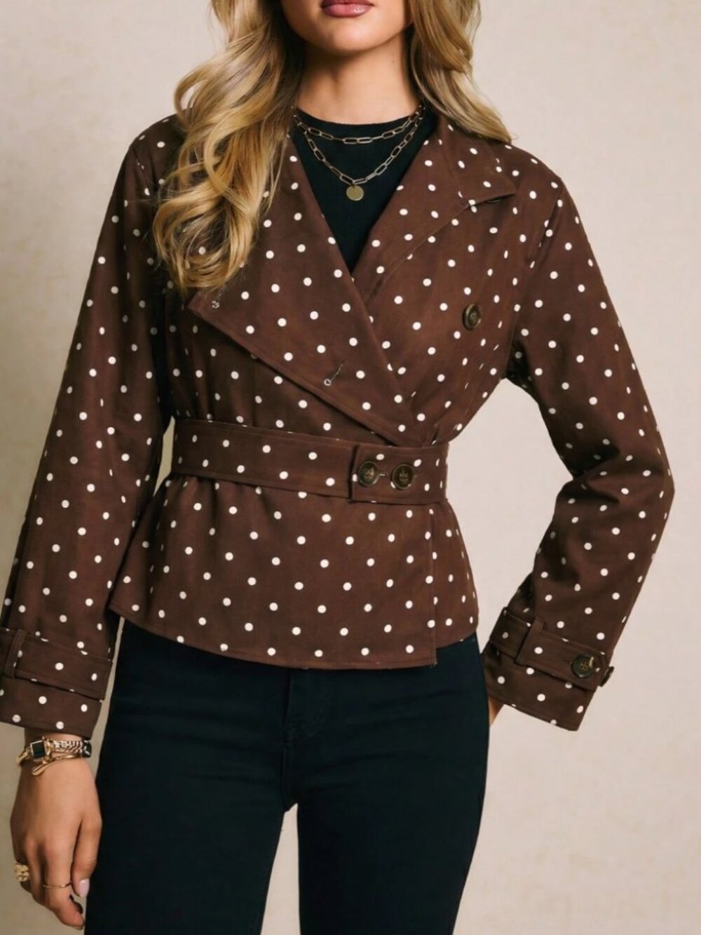 Brown Polka Dot Belted Trench Jacket with Notch Lapel